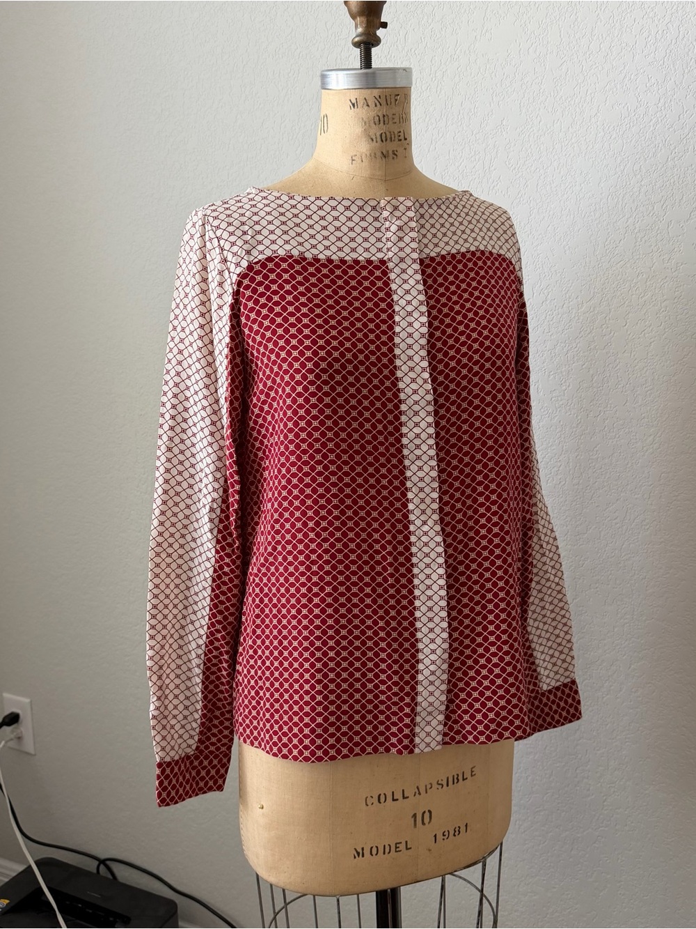 Womens Silk Red Geo Print Long Sleeve Blouse